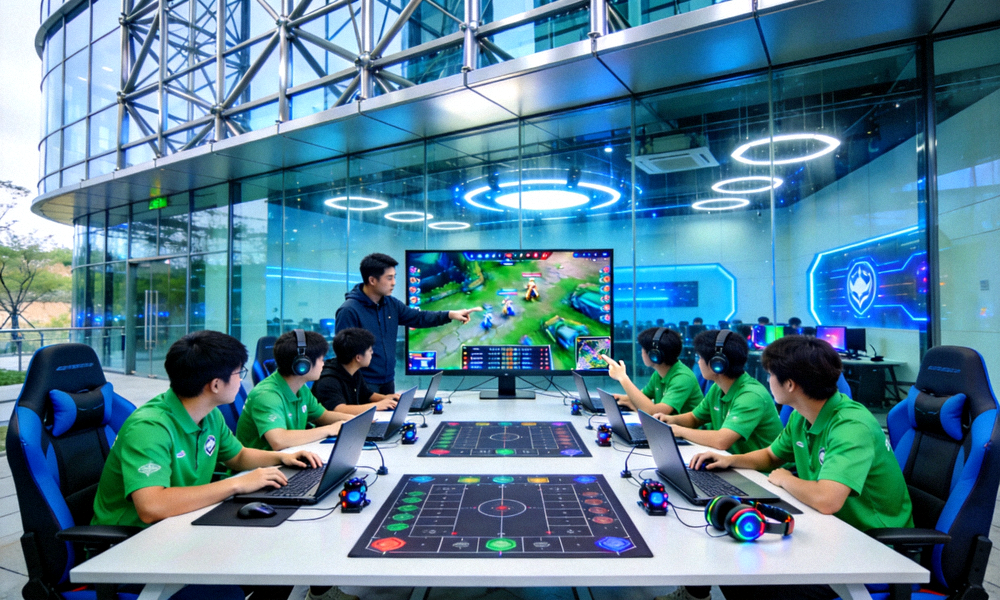 电竞牛生态孵化基地全景，青训选手正在专业训练室内进行战术复盘训练