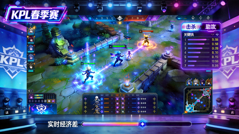王者荣耀KPL职业联赛春季赛直播画面，大屏显示关键团战操作